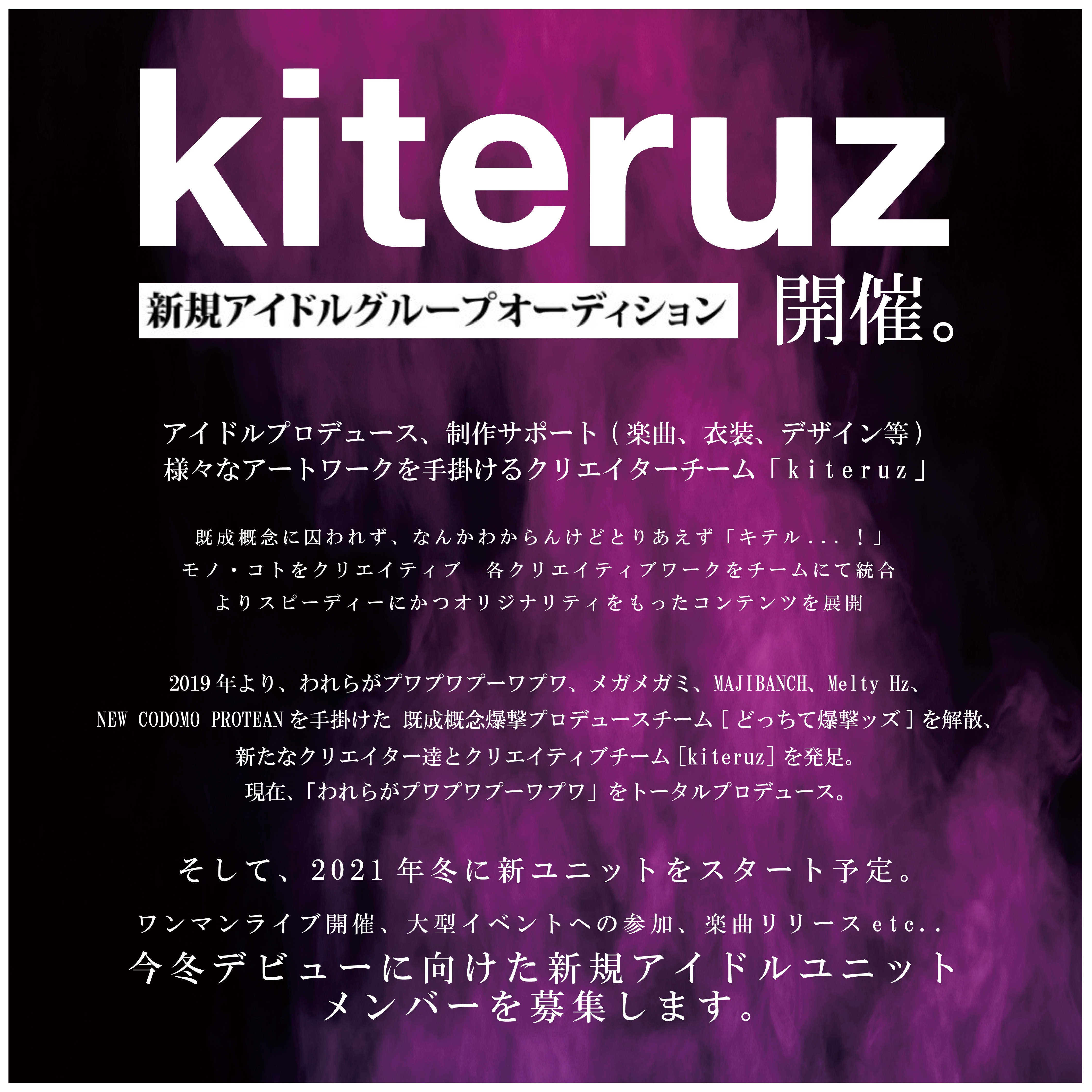 オーディション kiteruz 新アイドルグループオーディション ユニットコンセプトは「理由」 主催：kiteruz、カテゴリ：アイドル(楽曲派)