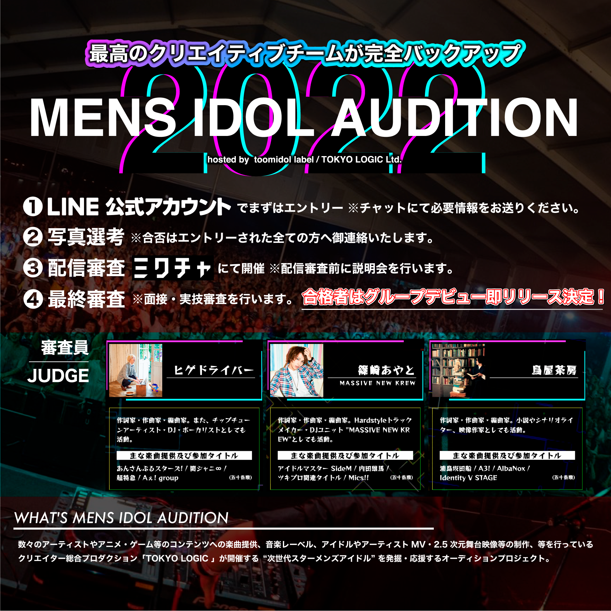 オーディション 株式会社TOKYO LOGIC メンズアイドルオーディション 新進喜悦のクリエイティブチームと一緒に夢を叶えよう 主催：株式会社TOKYO LOGIC、カテゴリ：メンズアイドル